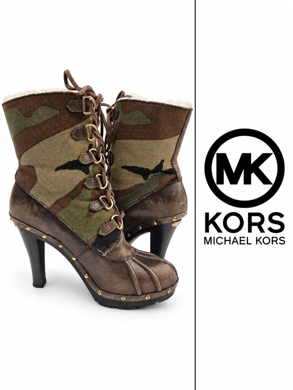 KORS Michael Kors Camo Canvas Leather Heeled Duck Boots Shearling Trim 9M